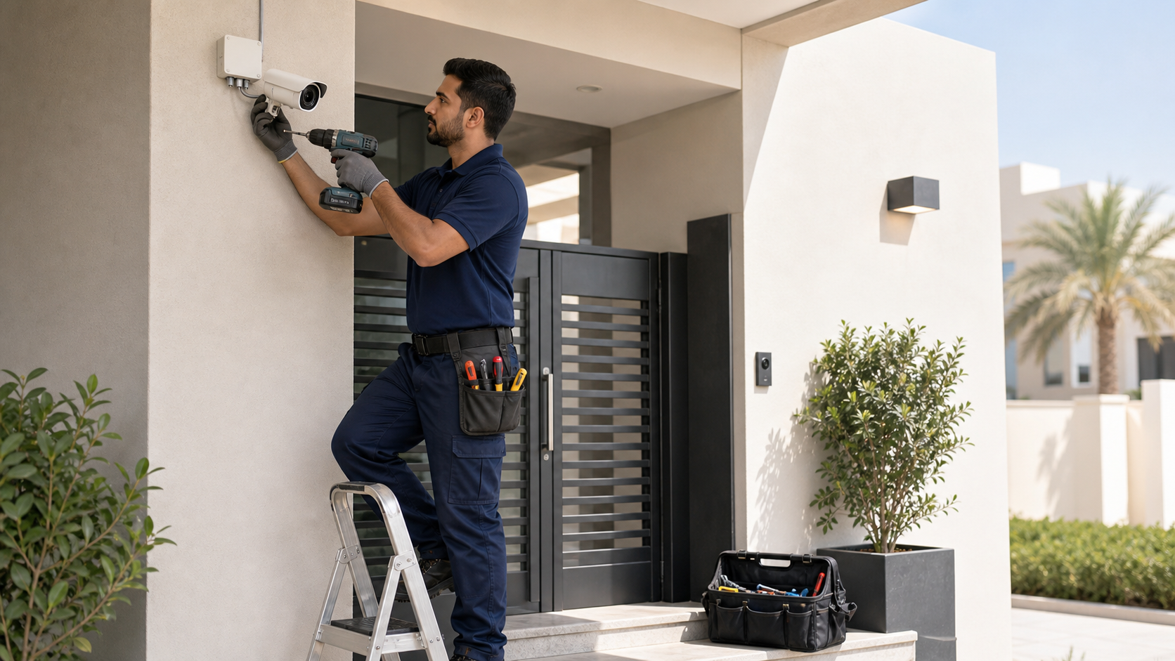 Technician installing a CCTV camera at a Dubai home entrance