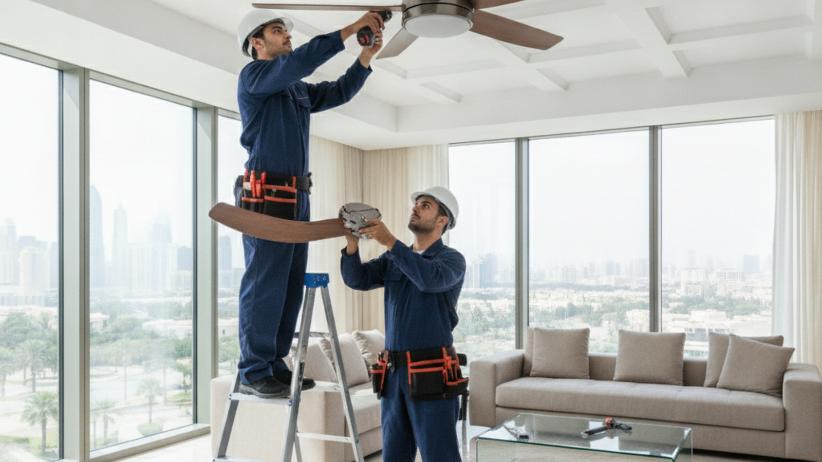 two electricians installing a ceiling fan in a Dubai apartment living room