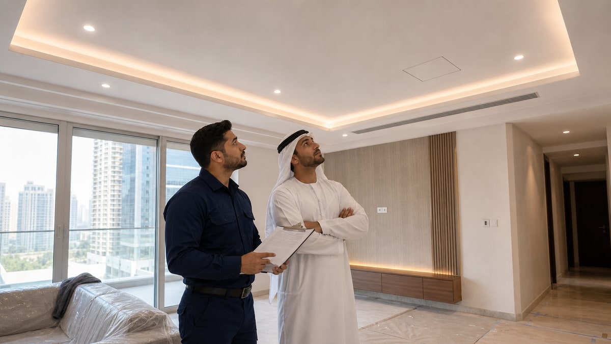 Finished apartment ceiling with recessed lights and a service access panel