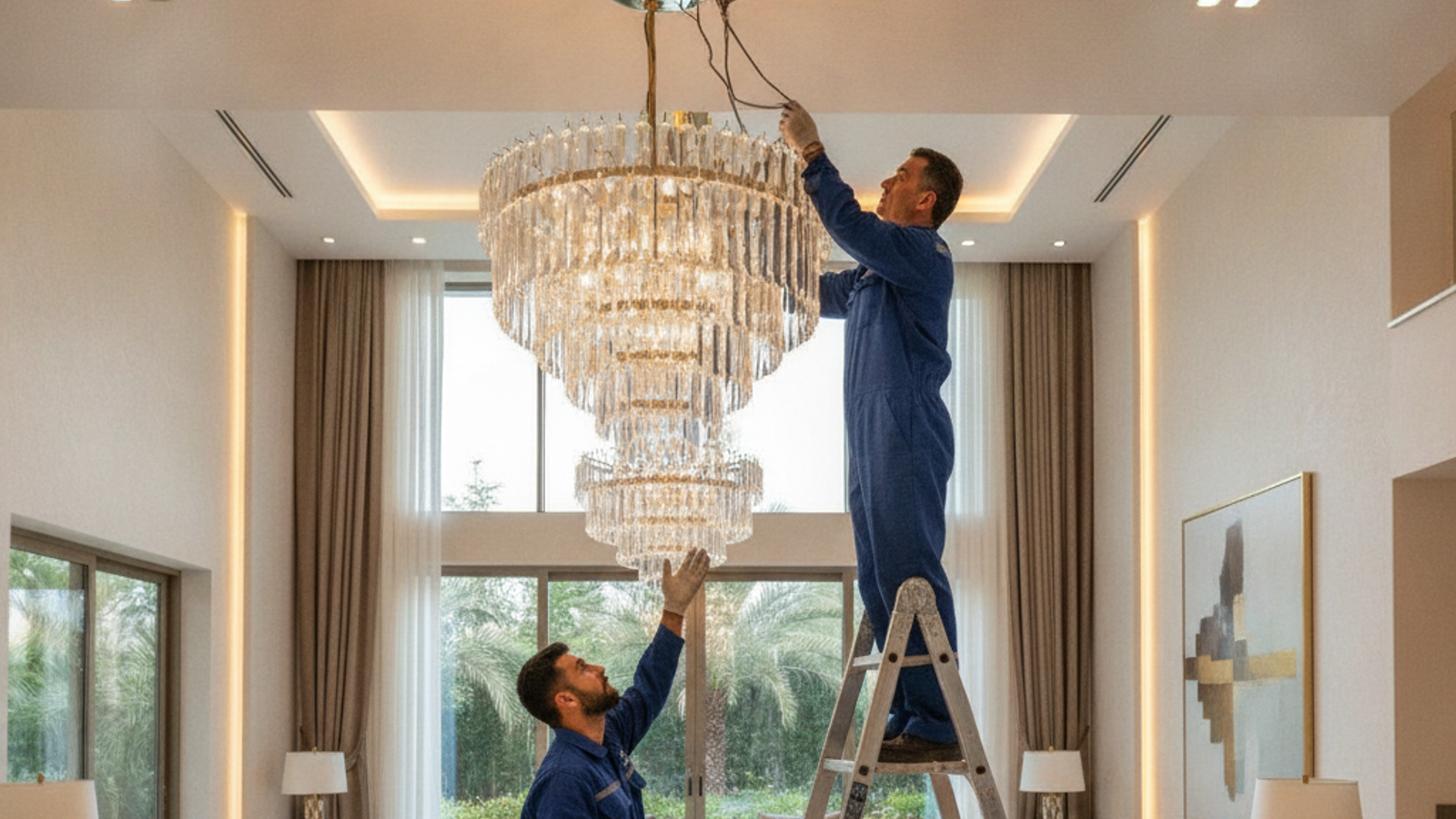 two technicians safely installing a chandelier in a Dubai villa living room