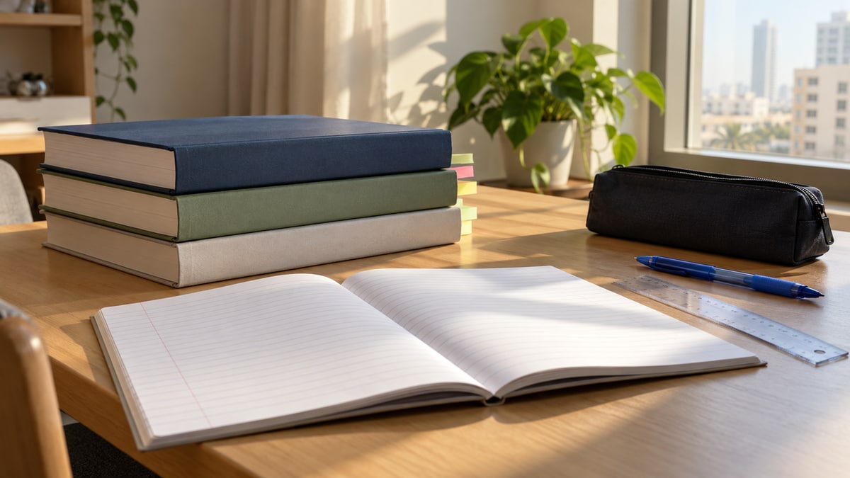 Plain books and an open lined notebook prepared for a home lesson