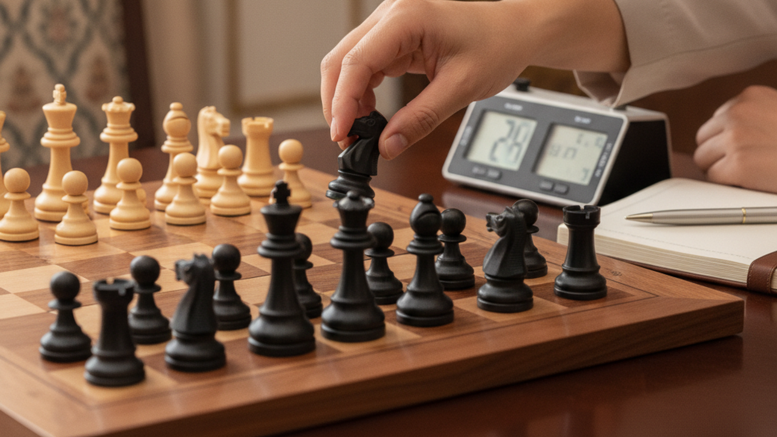 chess coach arranging pieces for a kids lesson in Dubai