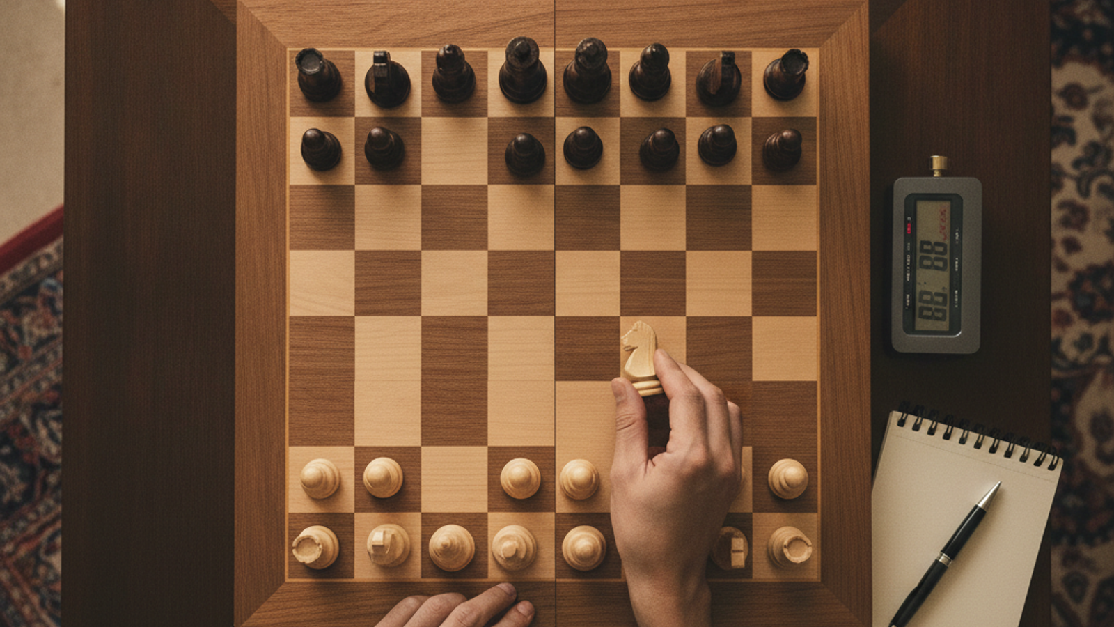 adult chess coach arranging pieces during a Dubai lesson