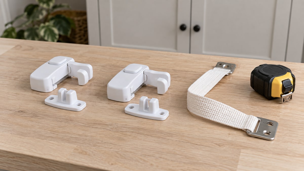 Loose cabinet latches and a furniture strap on a workbench