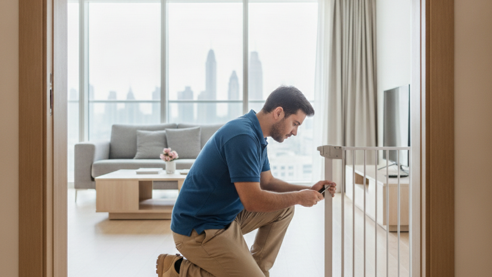installer fitting a child safety gate in a Dubai apartment