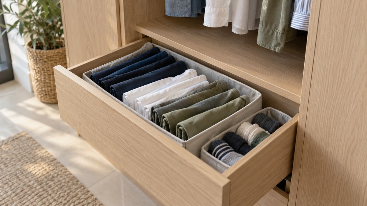 Open wardrobe drawer with folded T-shirts and socks separated into fabric dividers