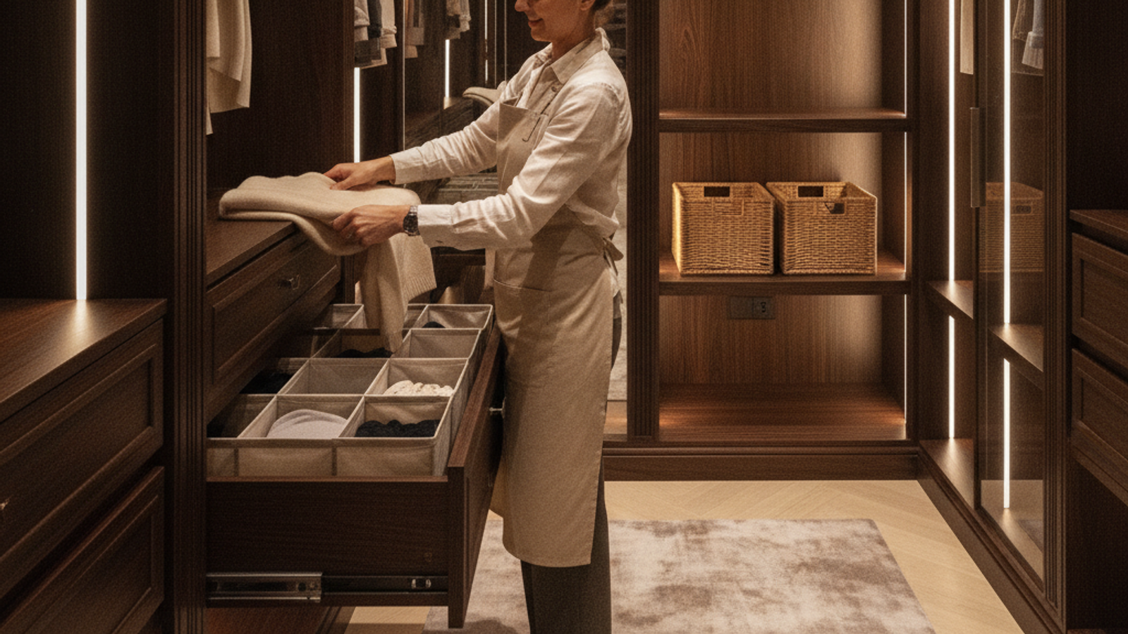 organizer folding clothes and arranging shelves inside a Dubai walk-in closet