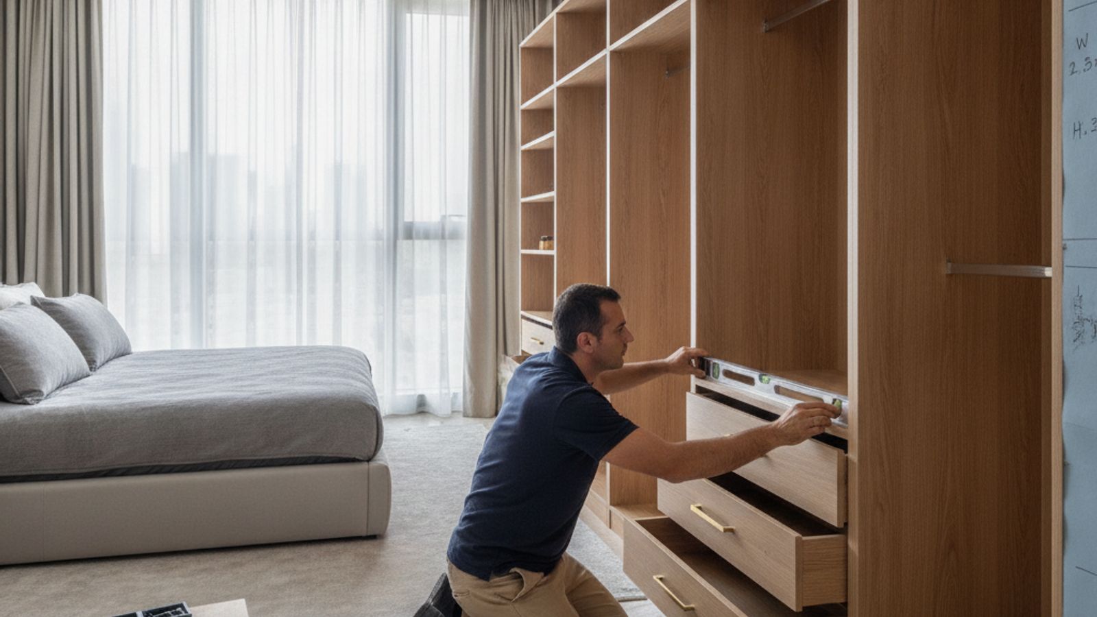 installer measuring a custom closet system in a Dubai apartment bedroom