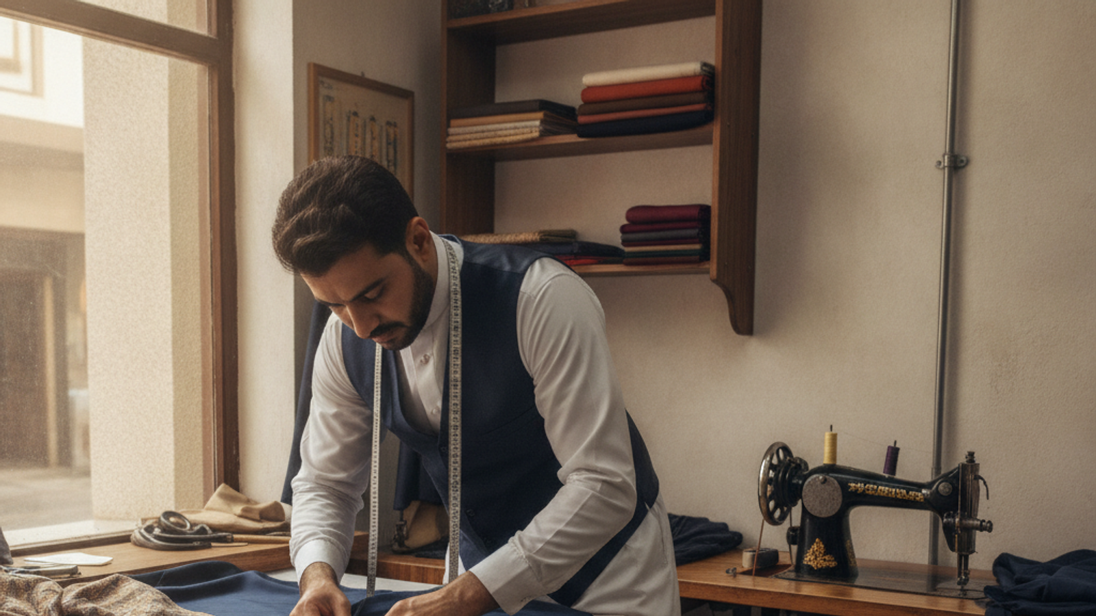 tailor pinning clothing alterations in a Dubai tailoring shop