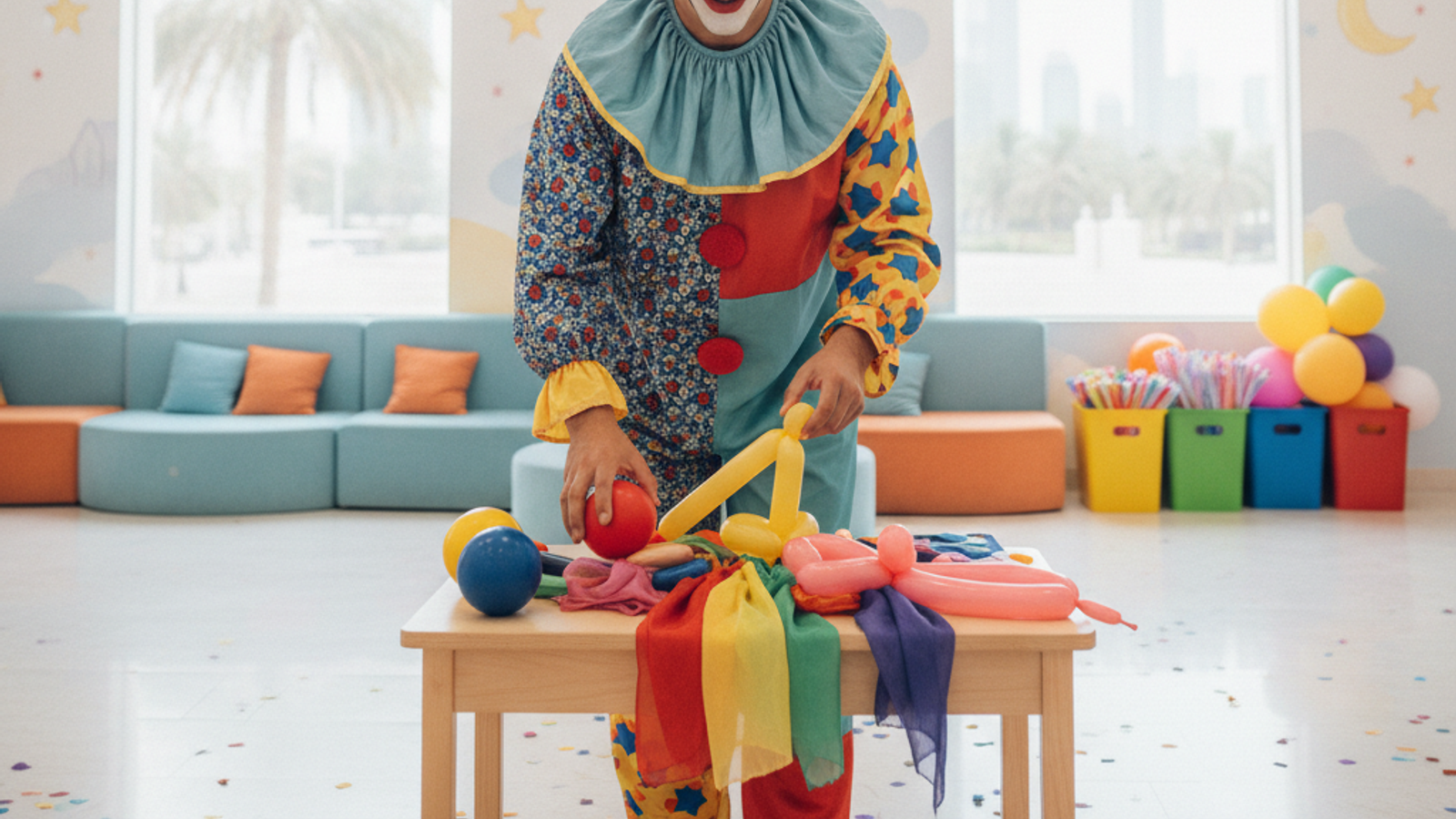 friendly clown entertainer arranging props for a Dubai kids party