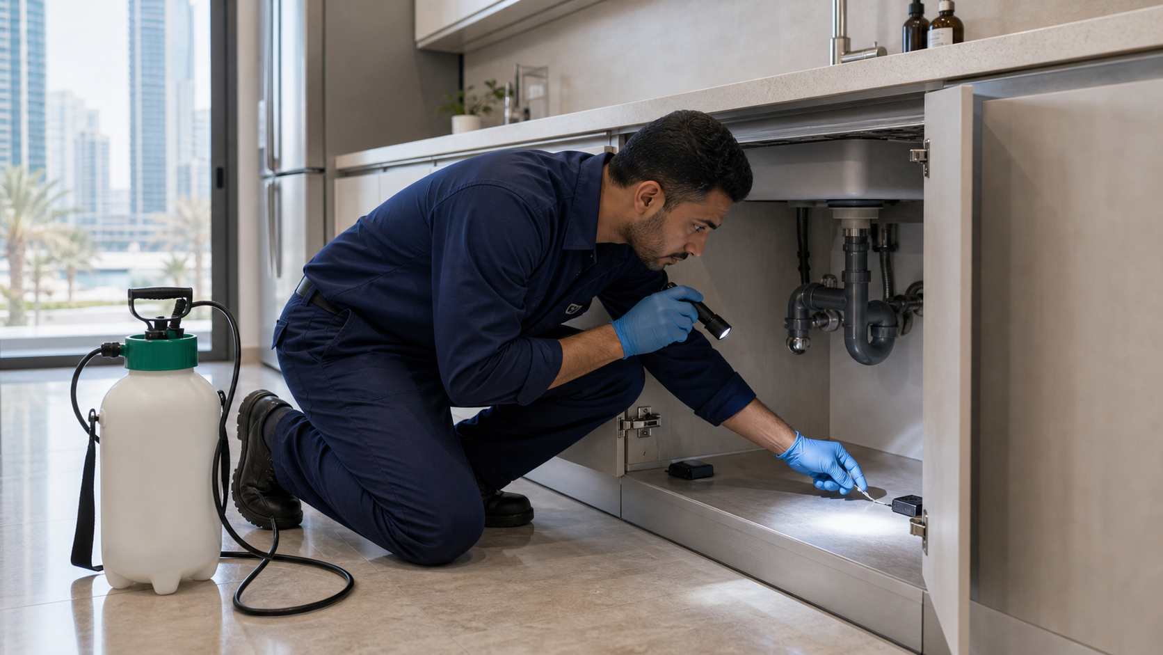 pest control technician applying treatment under a kitchen sink in a Dubai apartment