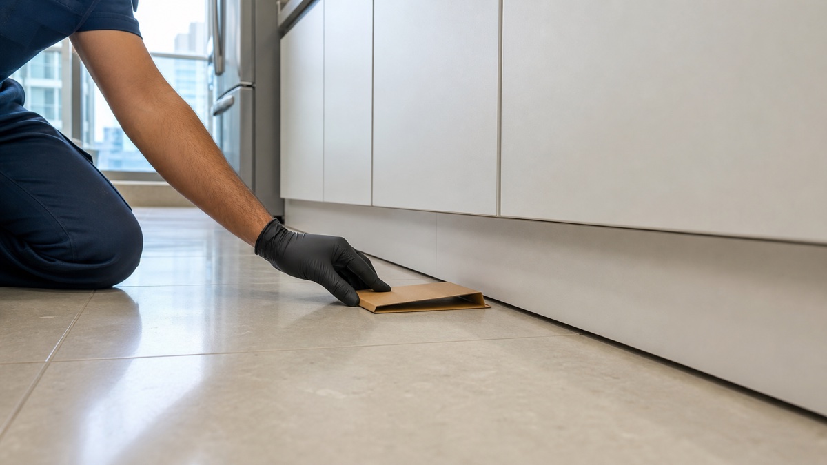 Gloved pest technician placing a monitoring trap beside a Dubai apartment kitchen kickboard