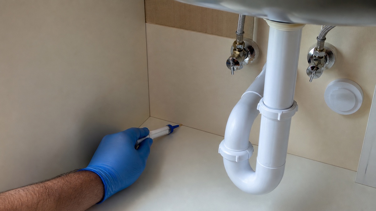 Gloved pest technician applying a small gel bait placement inside an under-sink cabinet