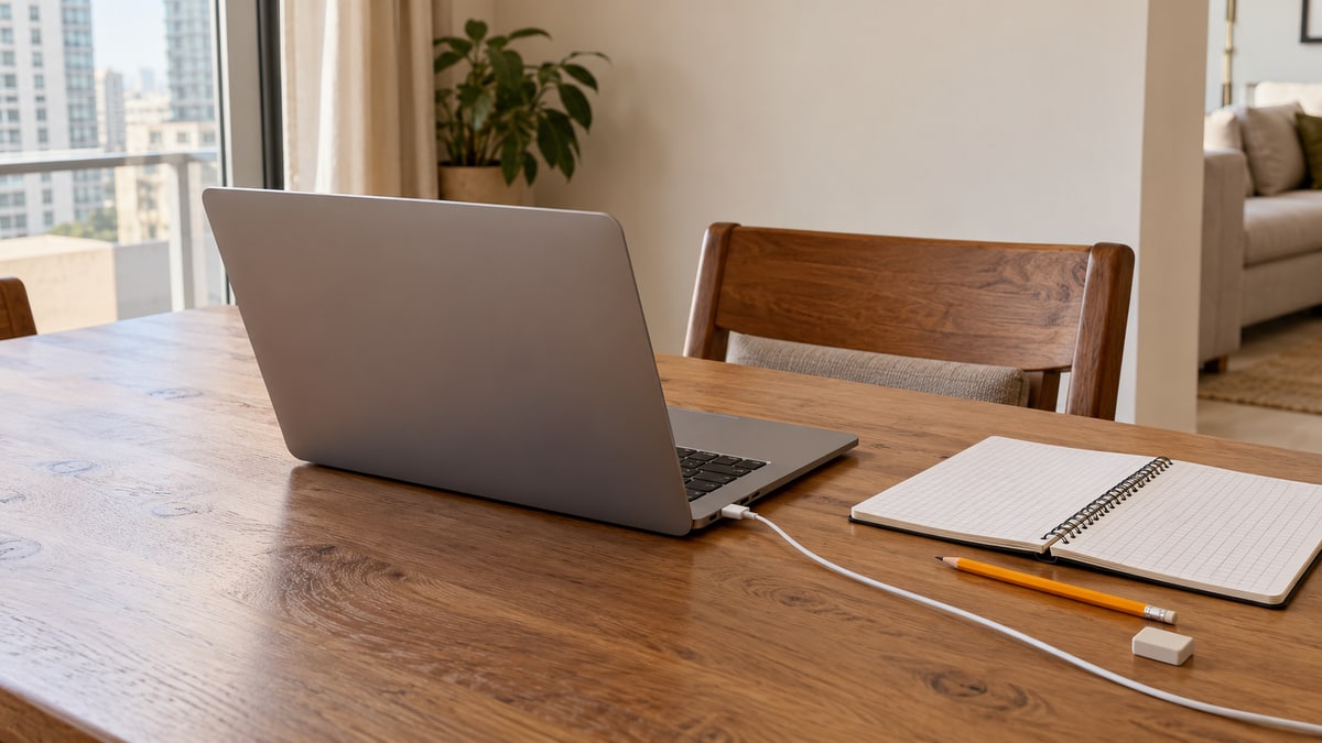 Laptop, notebook and pencil on a home study table with room for written planning