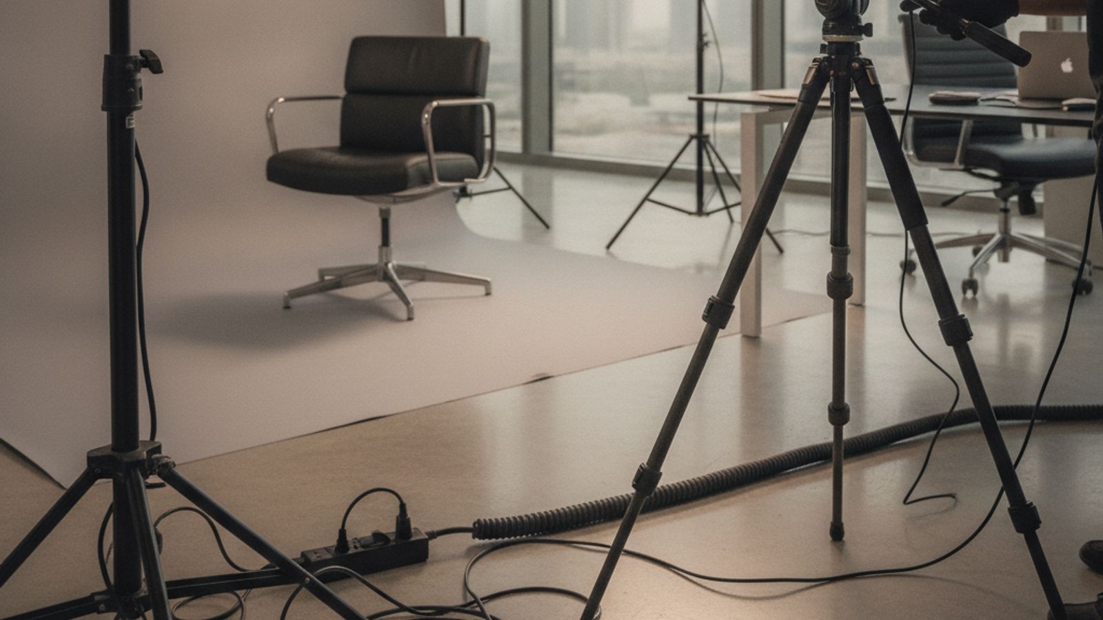 photographer setting up corporate headshot lighting in Dubai office