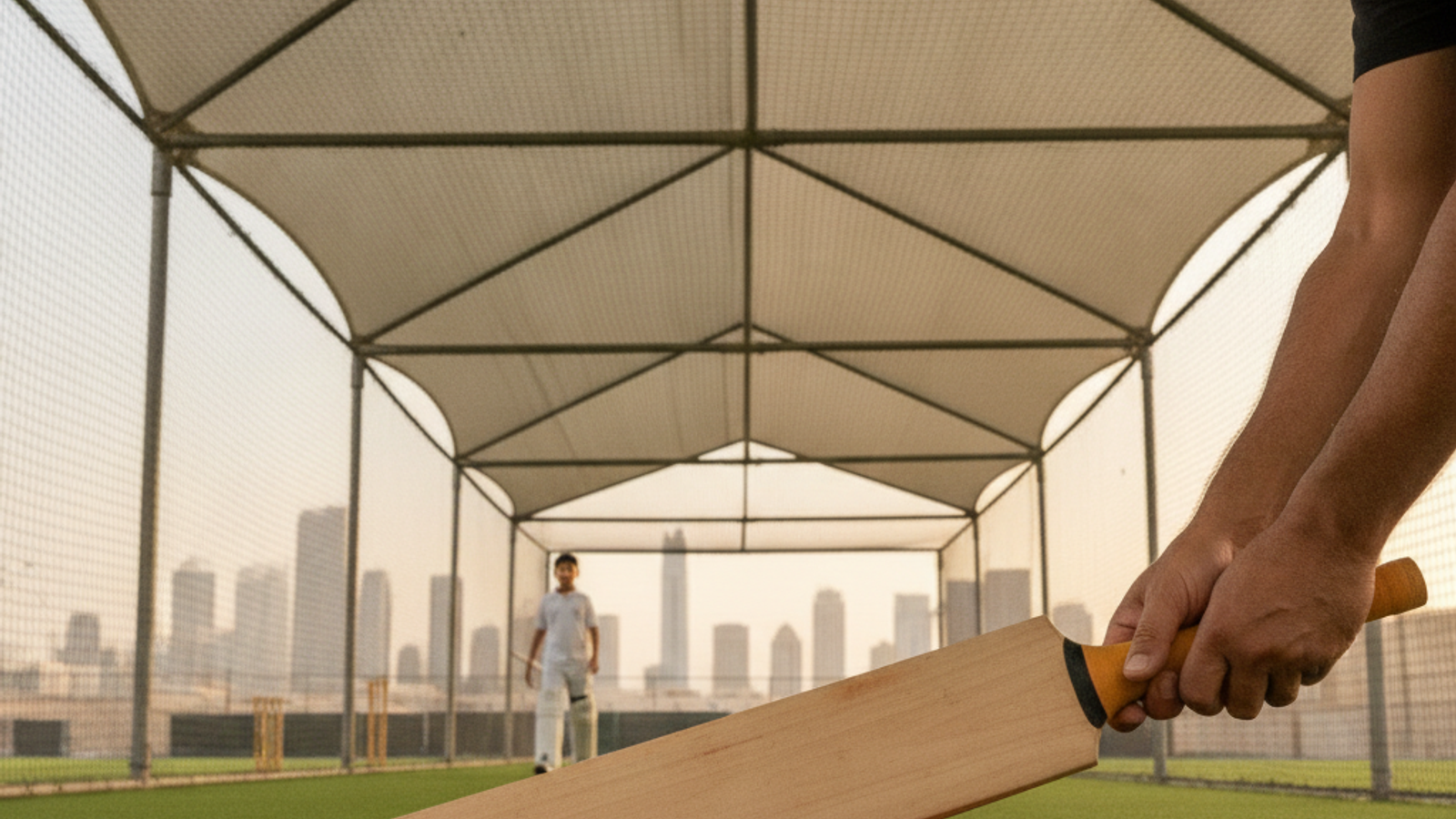 cricket coach preparing batting drill equipment in Dubai