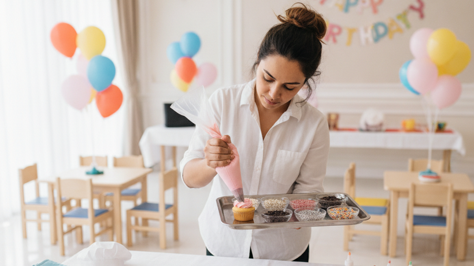 instructor preparing cupcake decorating supplies in Dubai