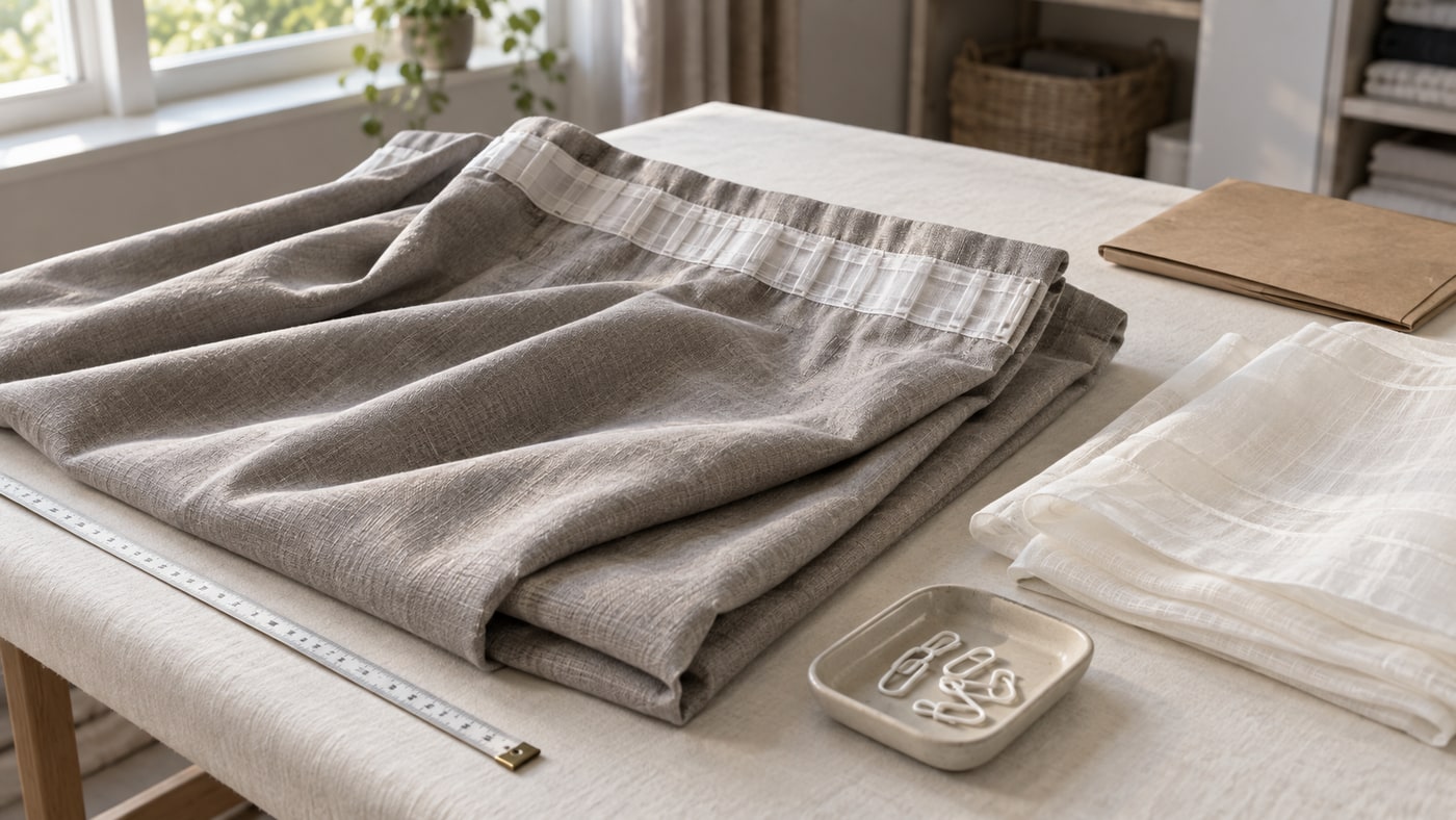 Folded curtain panels with heading tape, sheer fabric and removed hooks on a worktable