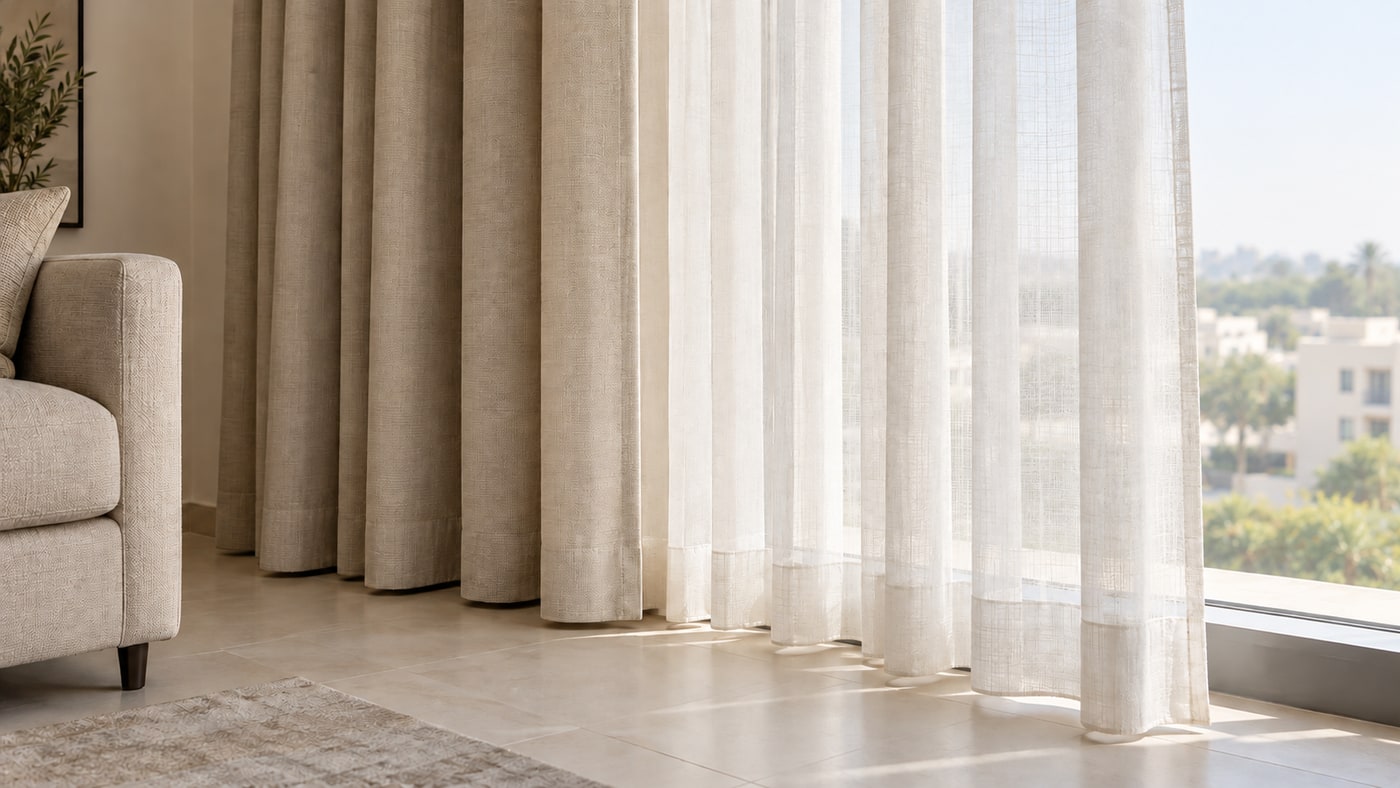 Sheer and heavier curtain layers beside an apartment window