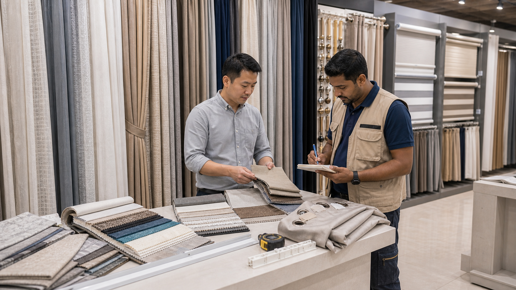 male curtain shop staff showing fabric samples and blinds options in a Dubai showroom