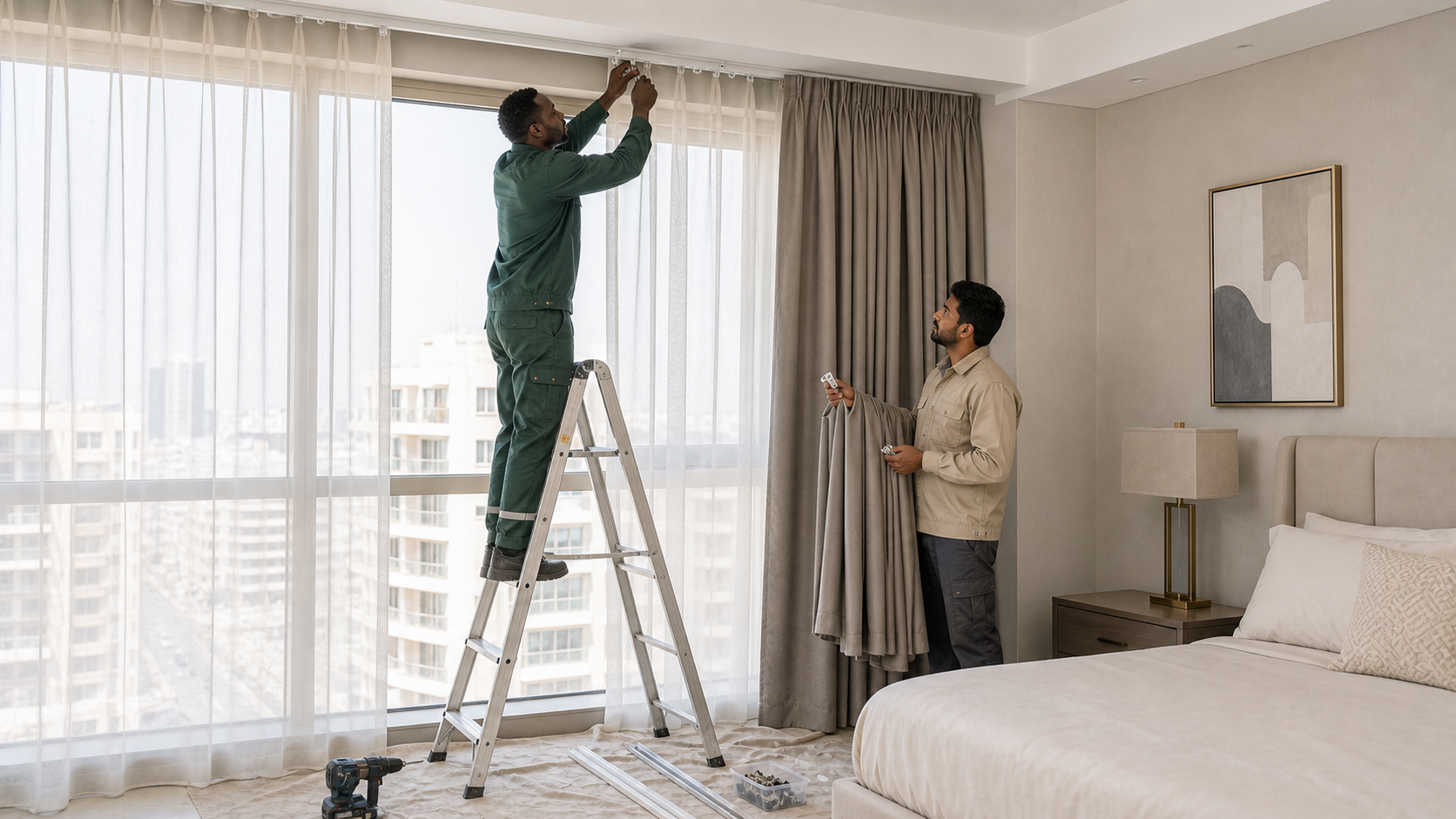 male curtain installers fitting ceiling track and layered curtains in a Dubai bedroom