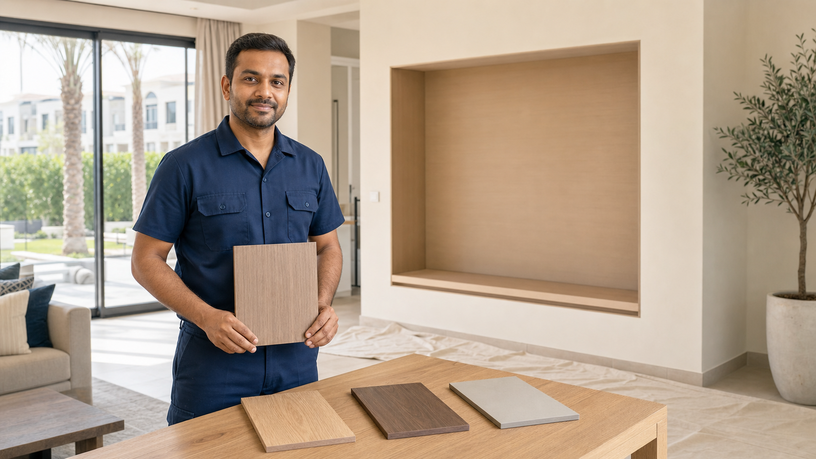 male carpenter reviewing wood finish samples for custom joinery in a Dubai townhouse