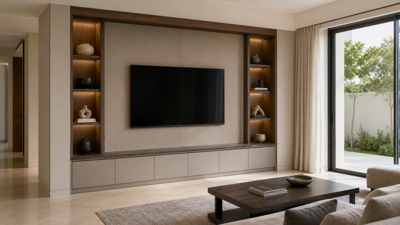 finished custom TV wall and storage unit with concealed cables in a Dubai villa