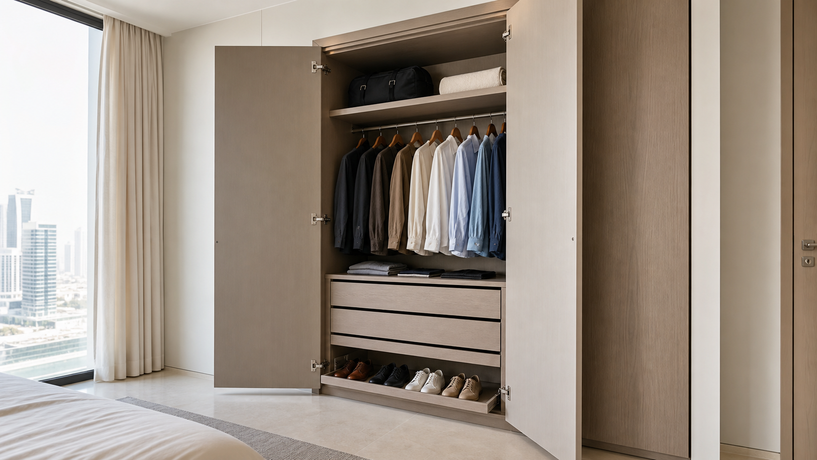 finished custom wardrobe interior with aligned doors drawers and shelving in a Dubai apartment