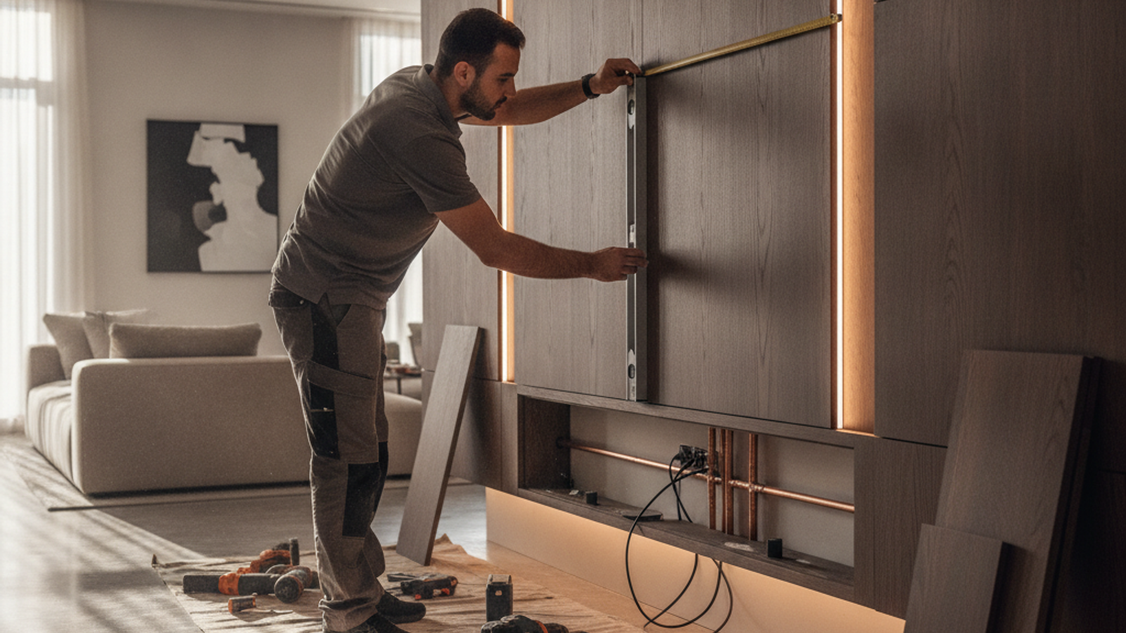 carpenter measuring custom built-in shelves in a Dubai home