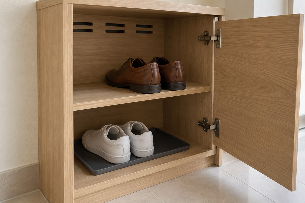 Open shoe-cabinet bay with rear ventilation slots, a shoe shelf and a removable lower tray