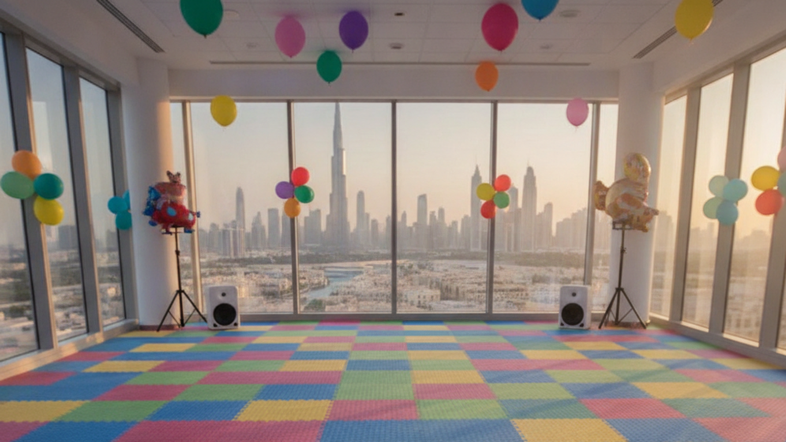 kids dance party floor with speakers and balloons in Dubai