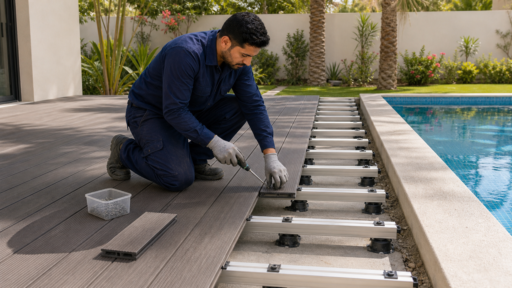 male technician checking decking subframe spacing and drainage beside a Dubai villa pool
