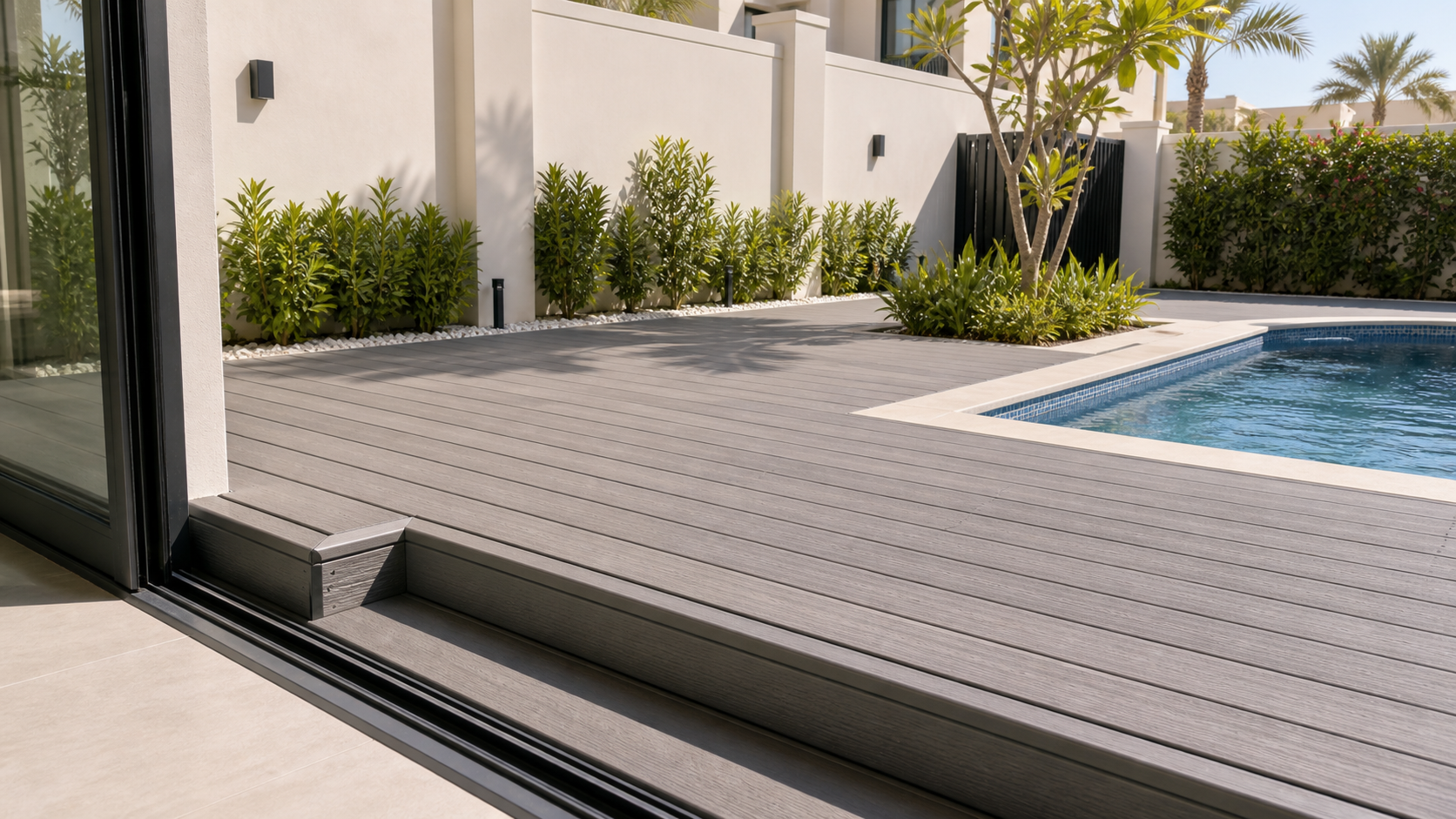 finished composite deck in a Dubai villa garden with clean edge trims