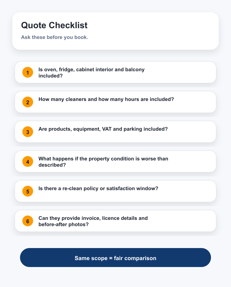 Deep cleaning Dubai quote checklist - VAT scope cleaners hours products re-clean policy licence