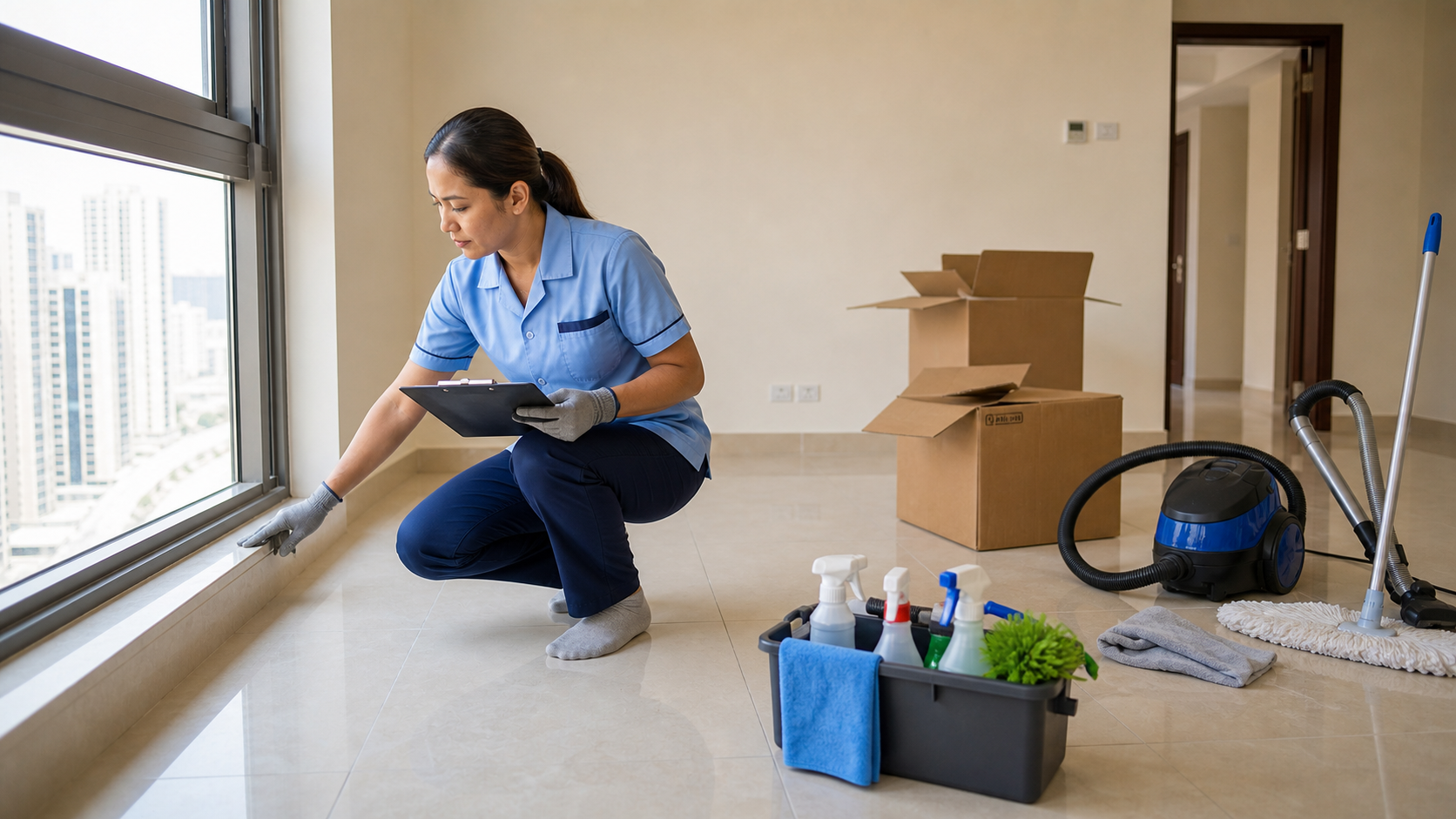 Filipina cleaner wearing socks while preparing a move-in cleaning checklist in a Sharjah apartment