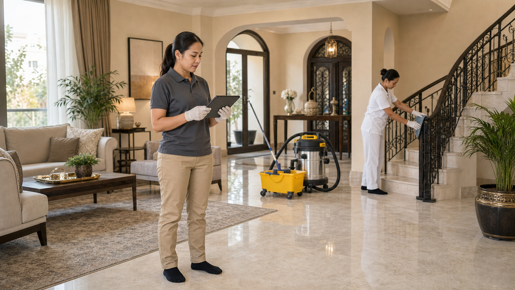 Filipina cleaning supervisor wearing socks while checking villa deep cleaning work in Sharjah