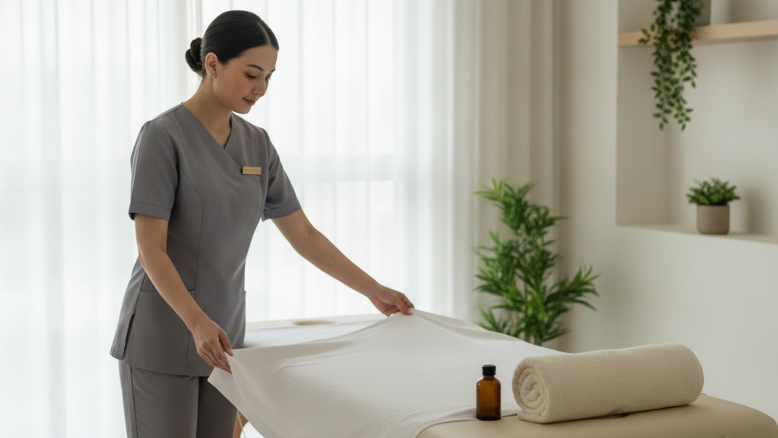 professional massage therapist preparing deep tissue massage setup in Dubai