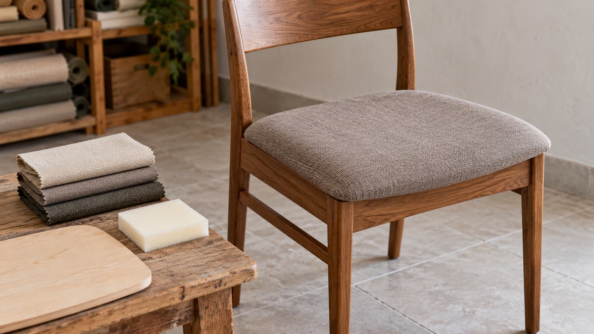 Upholstered dining-chair seat beside fabric swatches, a foam sample and a seat-board sample