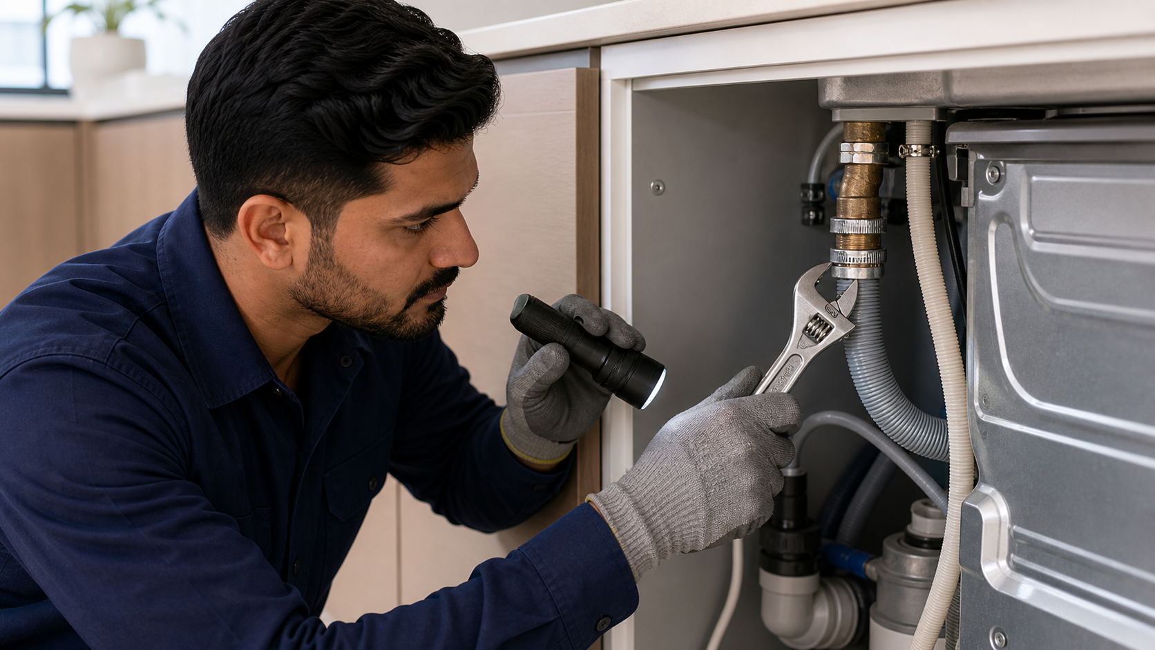Technician checking dishwasher inlet and drain hoses during leak diagnosis in Dubai