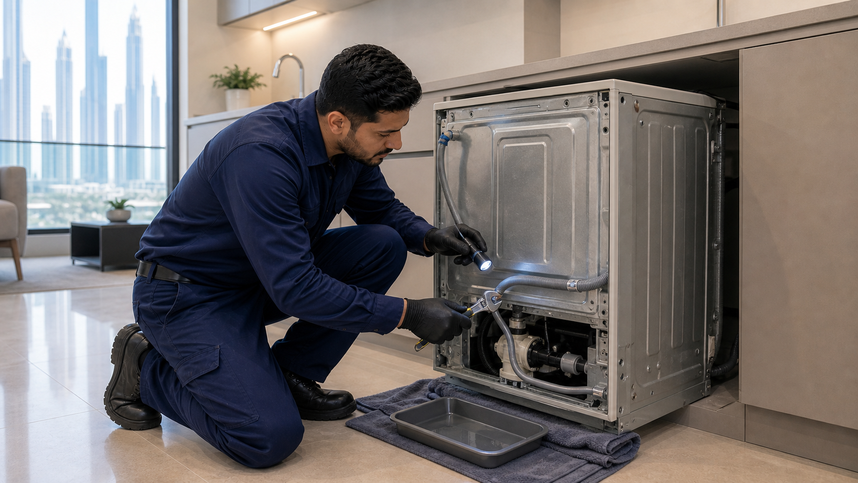 Technician checking dishwasher inlet and drain hoses during leak diagnosis in Dubai