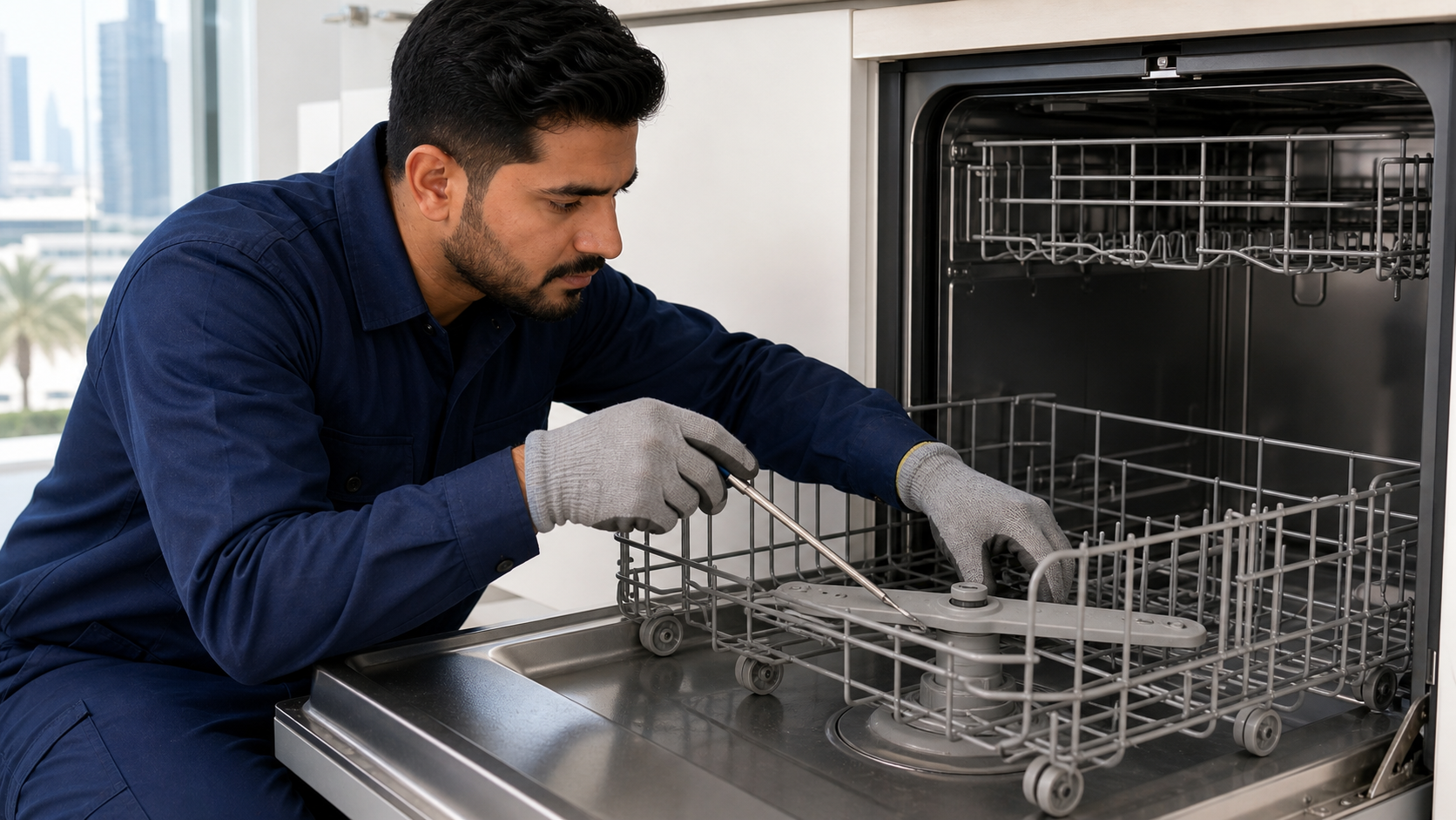 Technician checking dishwasher spray arm and rack during repair in a Dubai kitchen