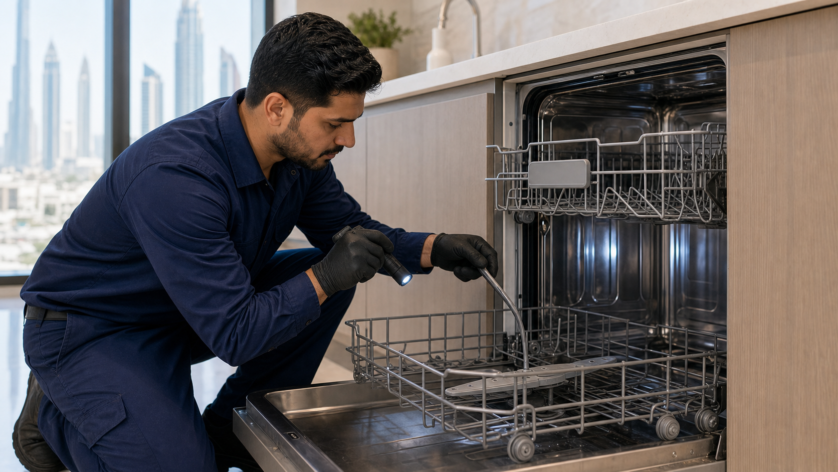 Technician checking dishwasher spray arm and rack during repair in a Dubai kitchen