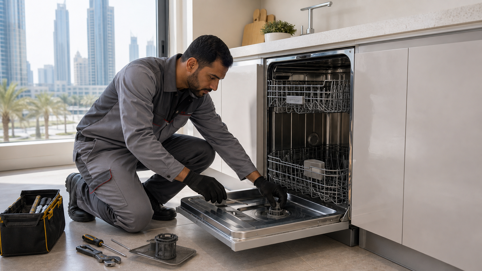 appliance technician repairing an open dishwasher in a Dubai apartment kitchen