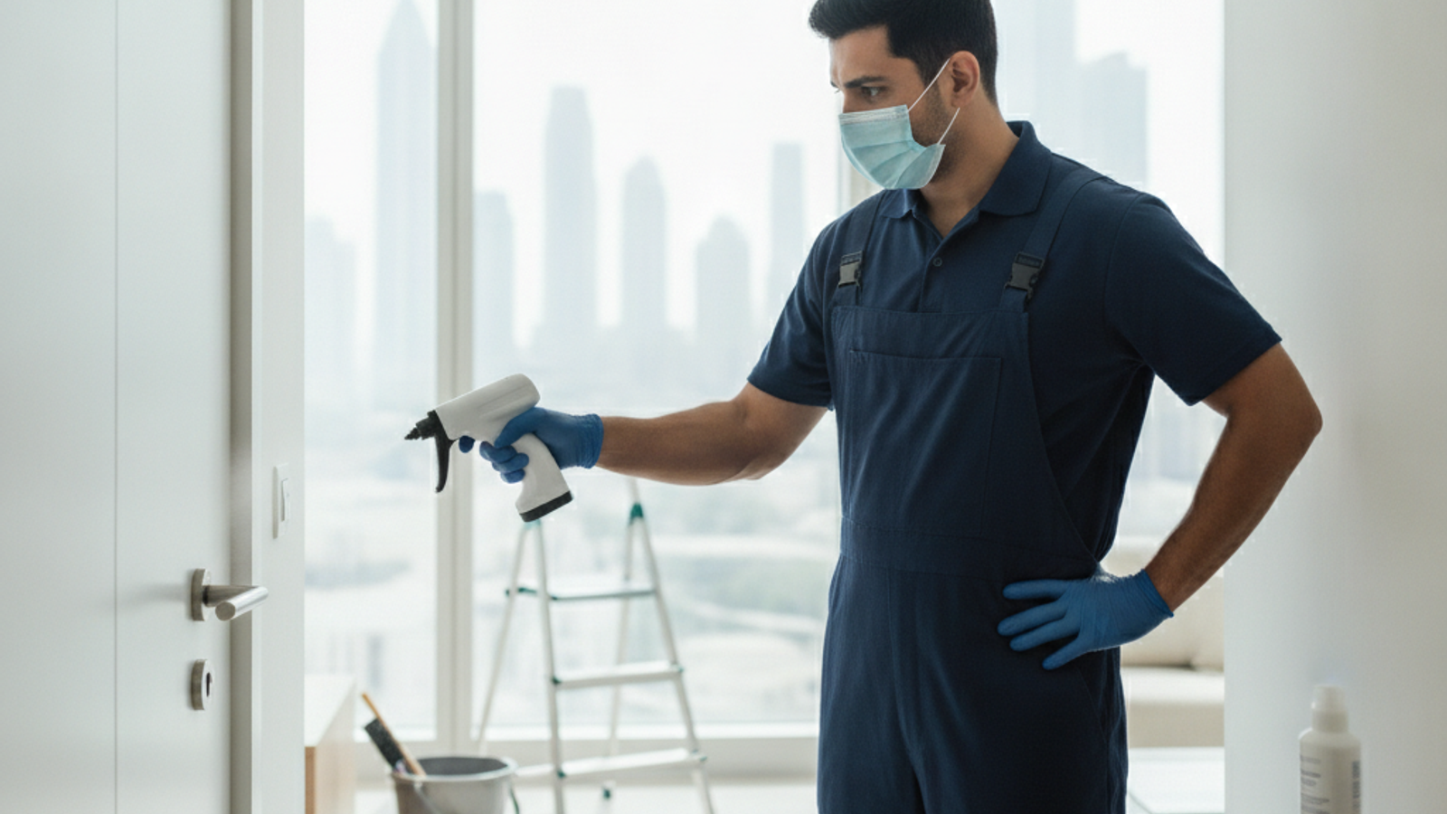 professional cleaner disinfecting a high-touch surface in a Dubai apartment
