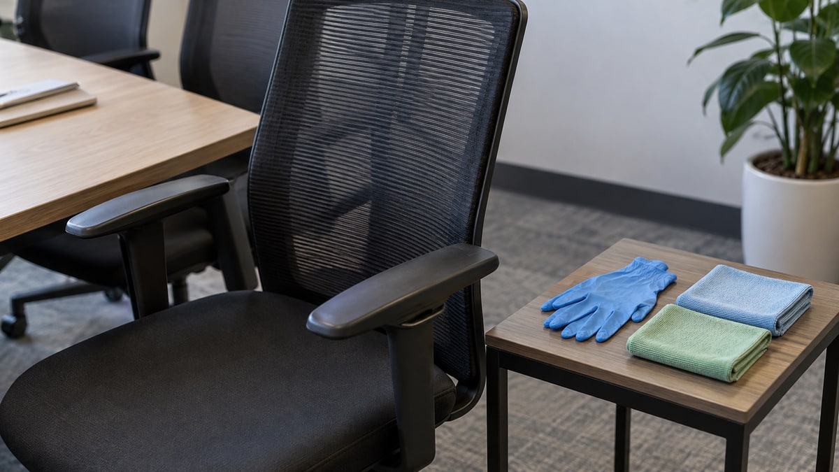 Separate folded cloths and nitrile gloves beside an office chair and meeting table