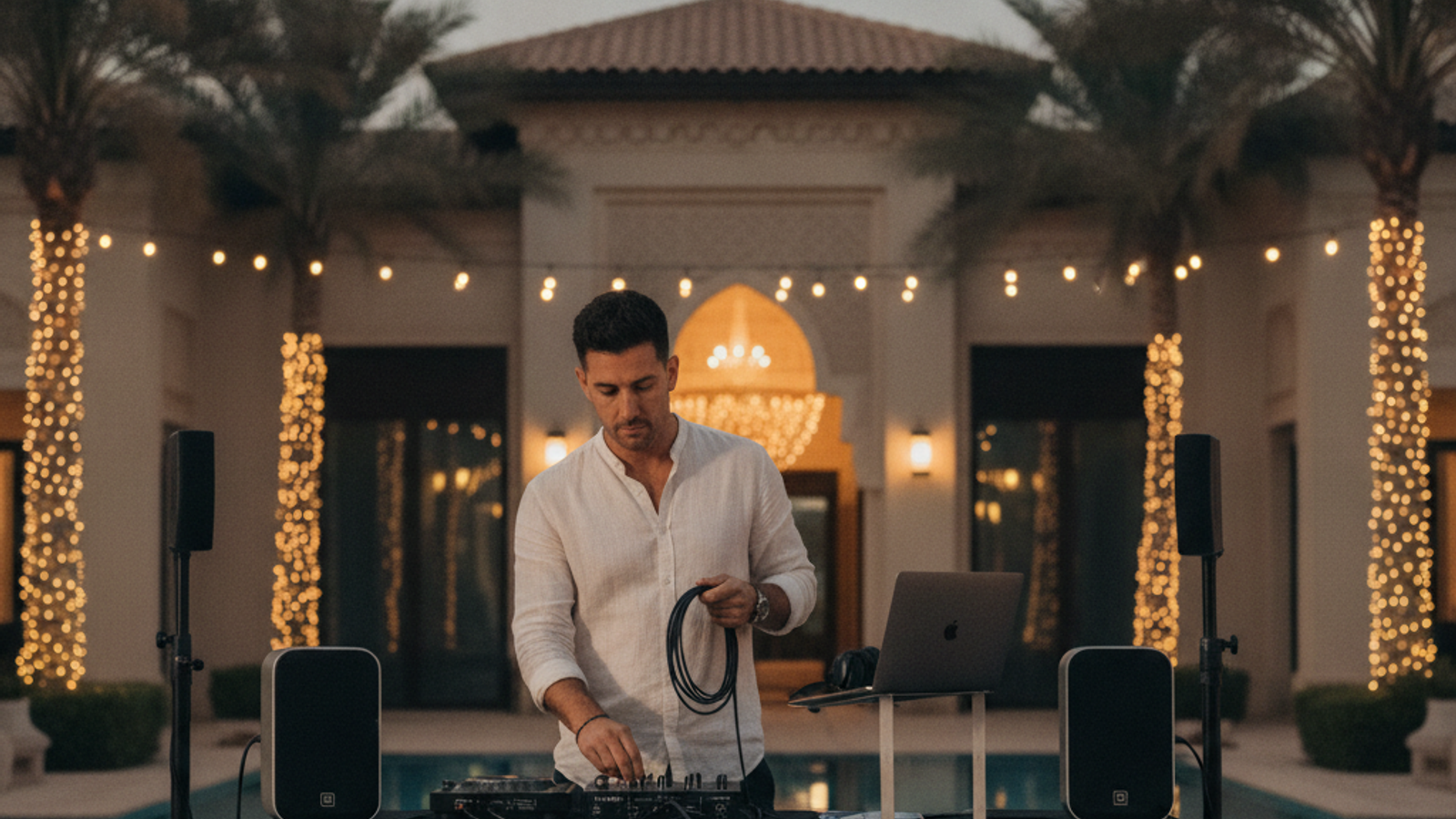 DJ setting up decks and speakers for a Dubai event