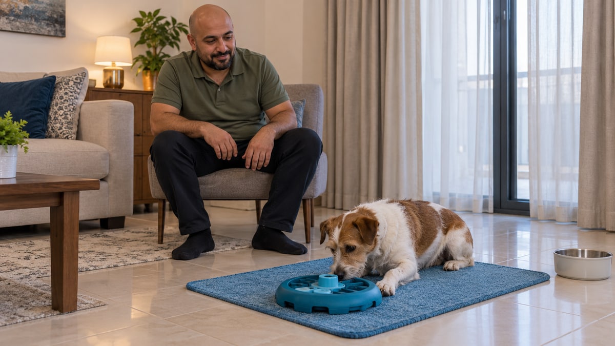 Dog walker supervising a terrier investigating a sturdy puzzle toy on an indoor mat