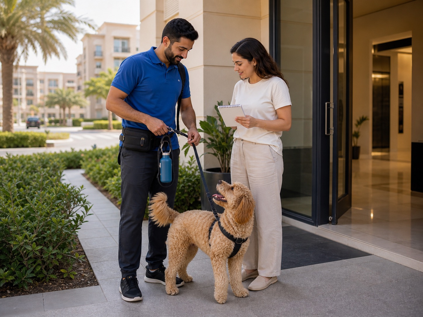 Dubai dog walker checking leash handover notes before a scheduled walk