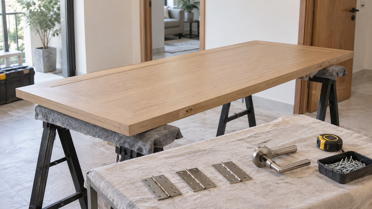 Interior door leaf on padded trestles beside separate hinges and handle hardware