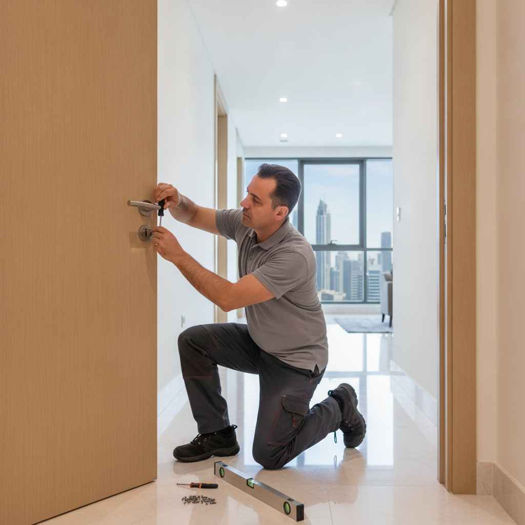 Handyman adjusting a door handle and latch in a Dubai apartment